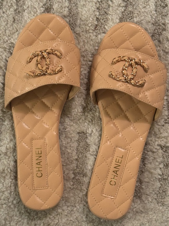 CHANEL Shoes - CHANEL Quilted Tan Leather Slide Mules with Gold CC Chain